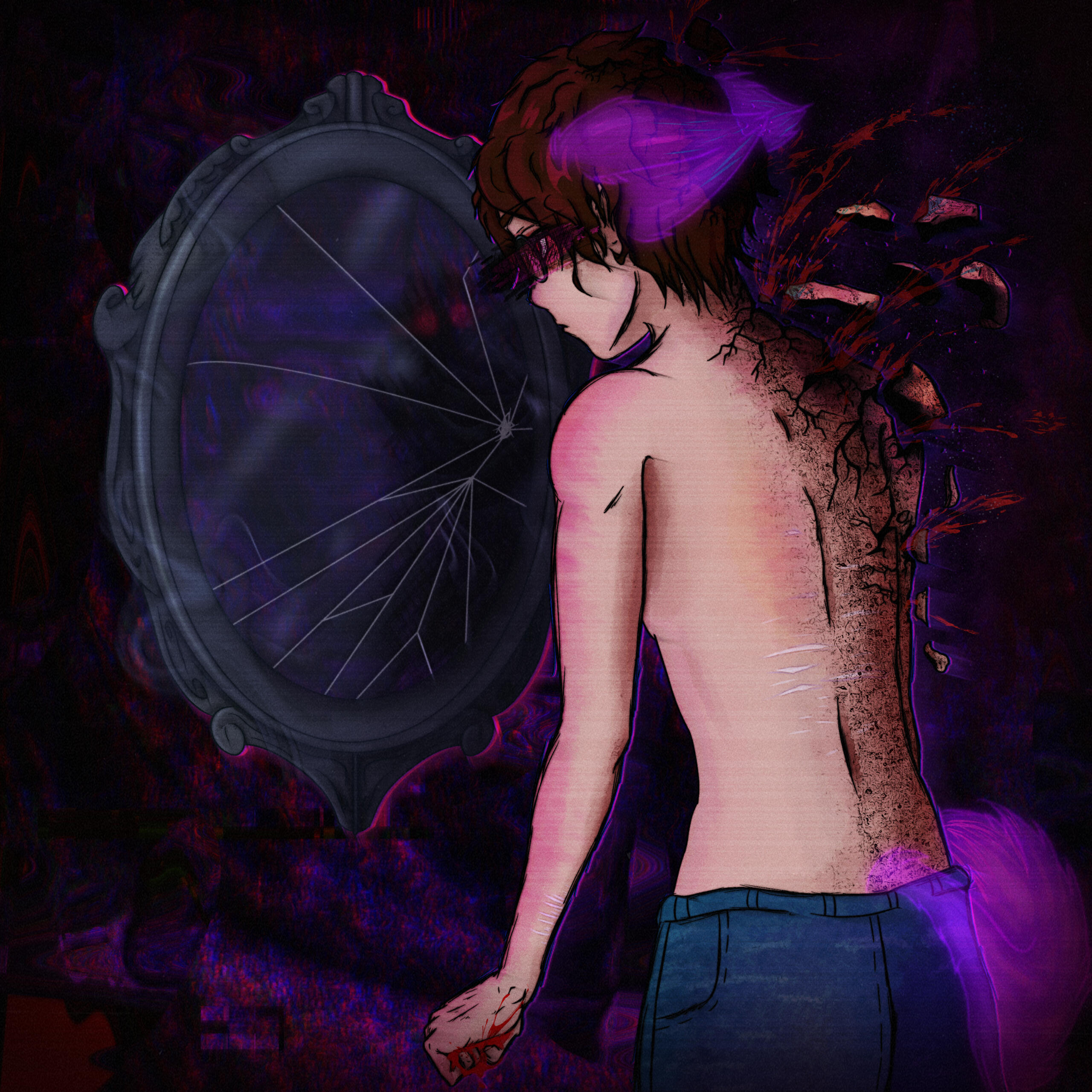 Drawn album art of Twilight staring into a mirror with no reflection except a shadow figure with red eyes. Twilight's back and arm are scarred, with parts of her shoulder splintering off bloodily. Twilight has a purple ghost ears and tail.